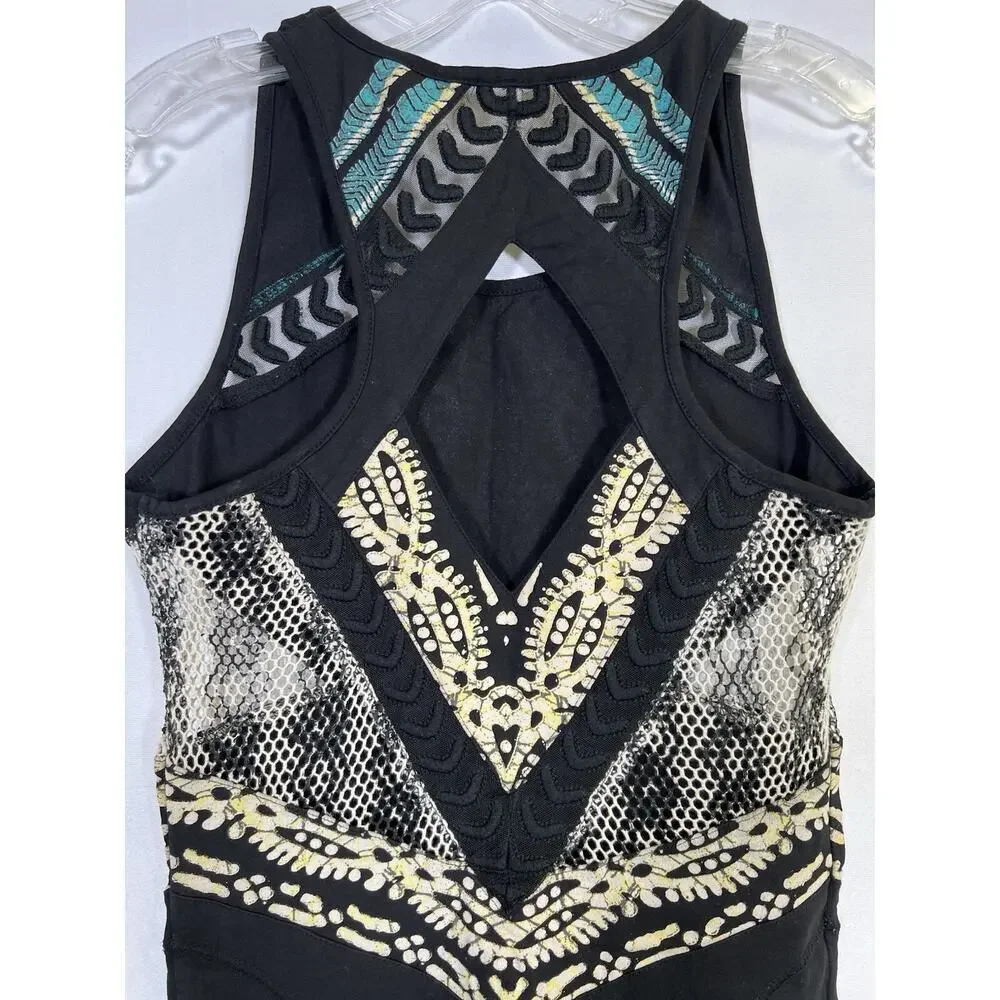 VTG Y2K Free People Short Fitted Stretch Cotton Dress Size S Black Boho‎ Aztec